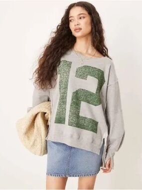 Free People graphic print oversized sweater in gray and green small